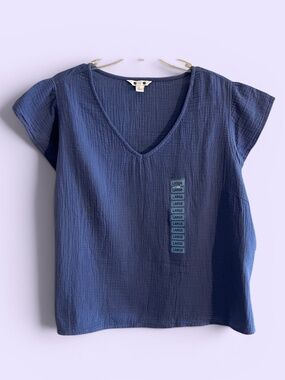 Three Dots Blue Periwinkle V-Neck Double Gauze Blouse Size L NWT
